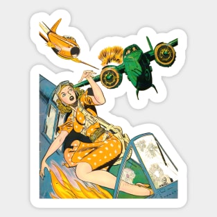 Beautiful Woman Yellow Aircraft Fire Parachute Wings Sky Comic Sticker